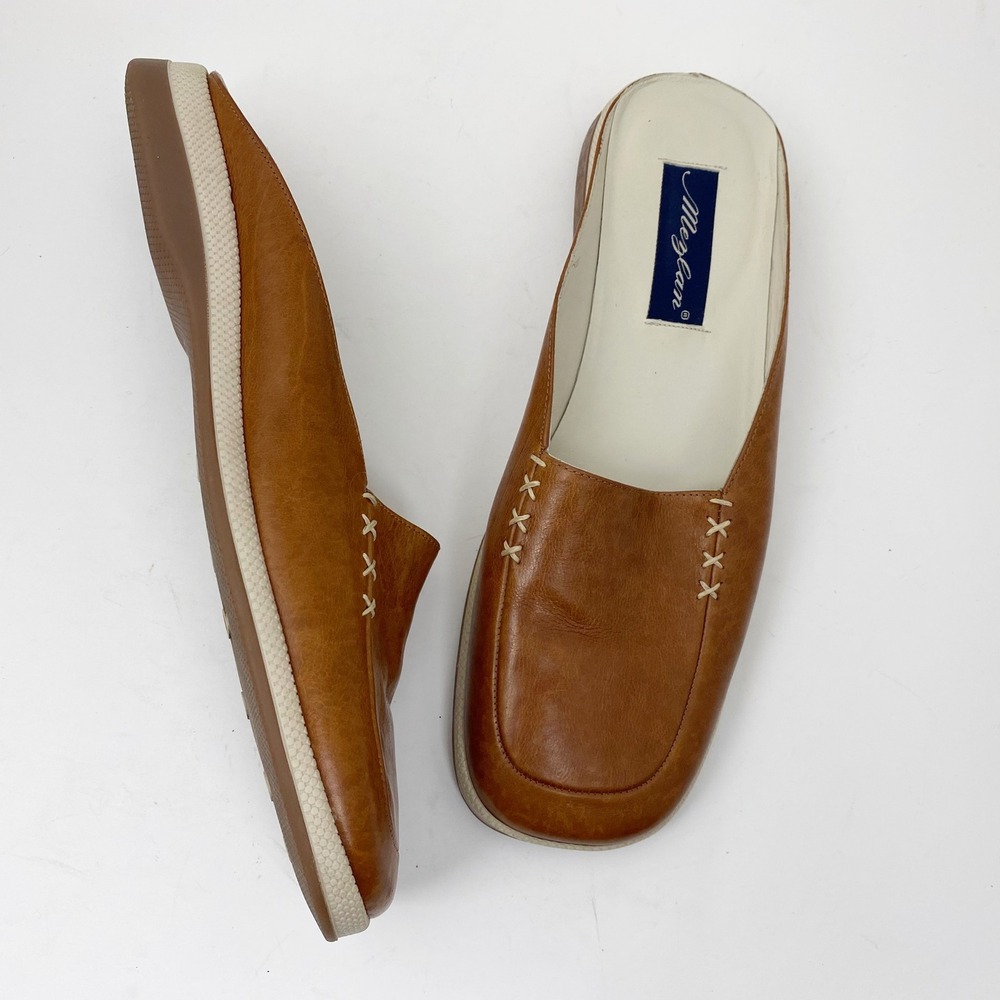 Mezlan Mills Whipstitch‎ Square Toe Leather Slip On Mule Womens 8.5 Tan Brown